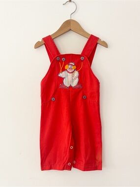VINTAGE Red Cotton Twill Primary Colors Circus Clown Appliqué Jon Jon Romper